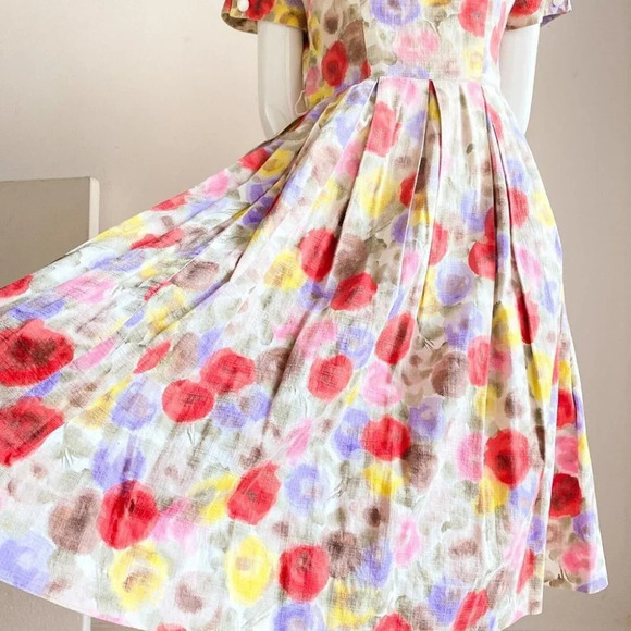 Vintage 50s 60s Floral Watercolour Print Fit and Flare Dress S/M - Picture 2 of 12